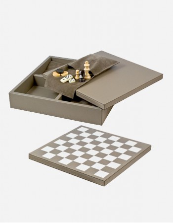 Leather Triple Game Case: Chess - Dominoes - Draughts - Made in Italy - Giobagnara