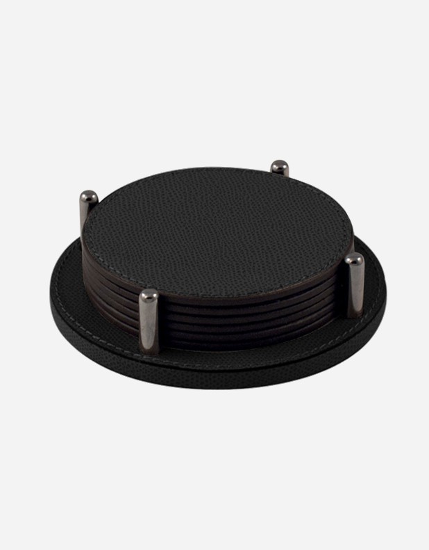 Leather Coaster Holder Round/6 Pieces - Made in Italy