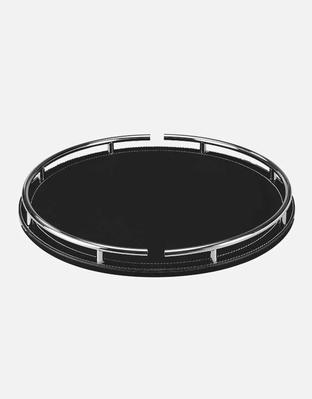 Leather Round Tray With Chrome Finiscing - Made in italy