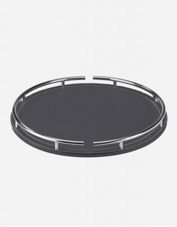 Leather Round Tray With Chrome Finish - Made in Italy - Giobagnara
