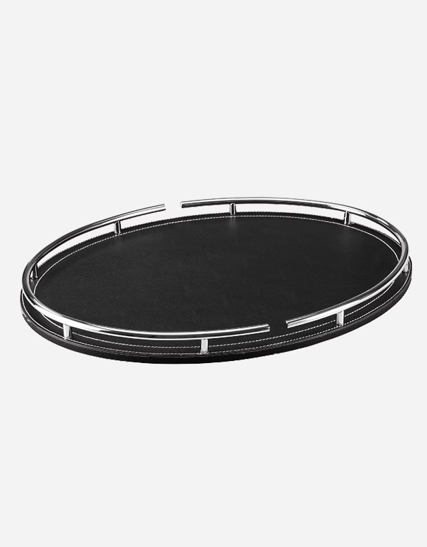 Leather Oval Tray With Chrome Finiscing - Made in italy